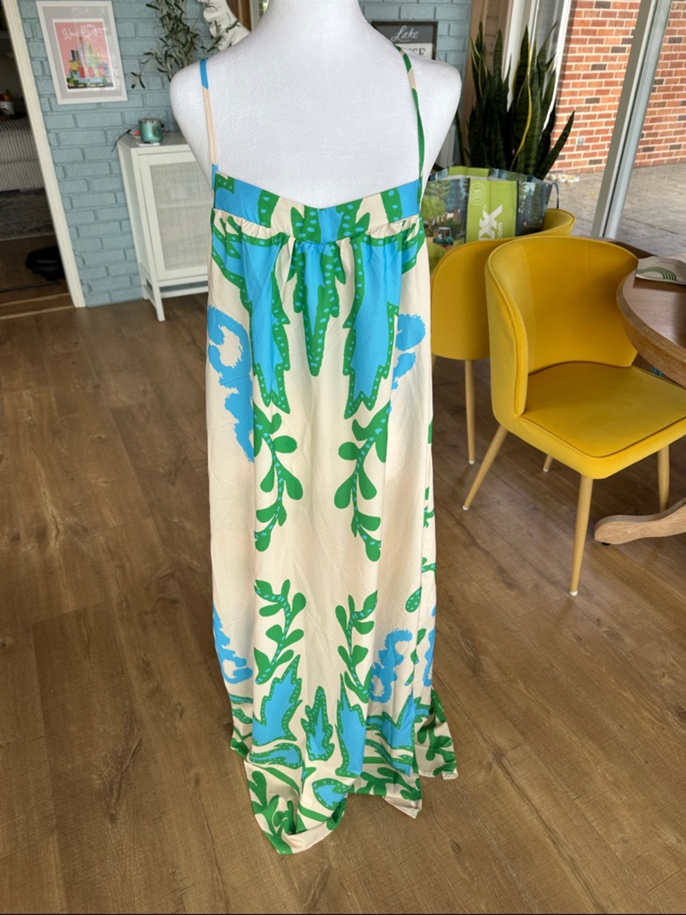 Cream Maxi Slip Dress with Blue & Green Floral Print